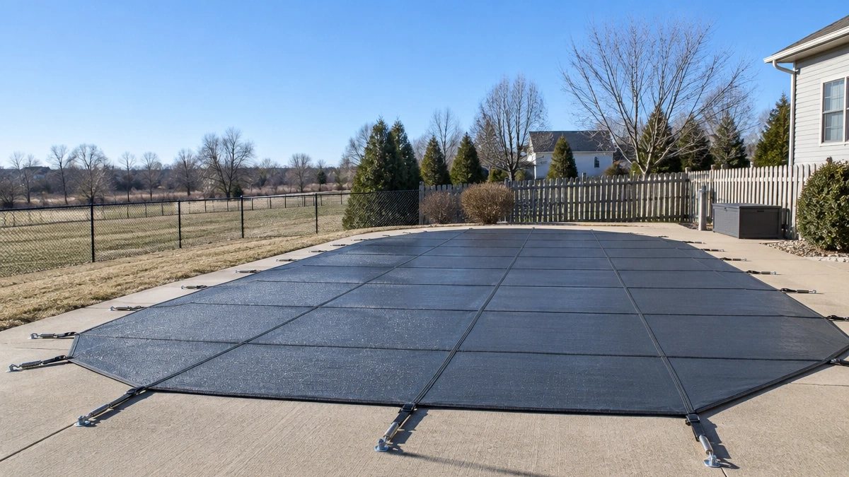 A safety cover anchored and tensioned around a pool perimeter