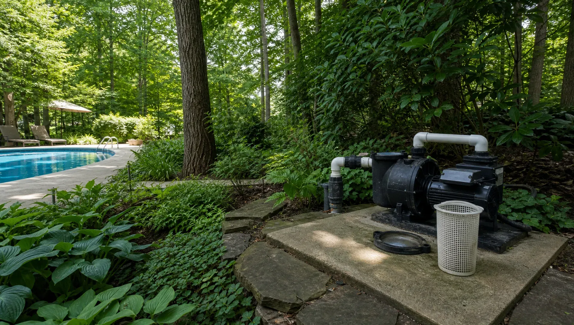 A pool pump with its strainer lid off and the basket lifted out — Twinsburg, Ohio