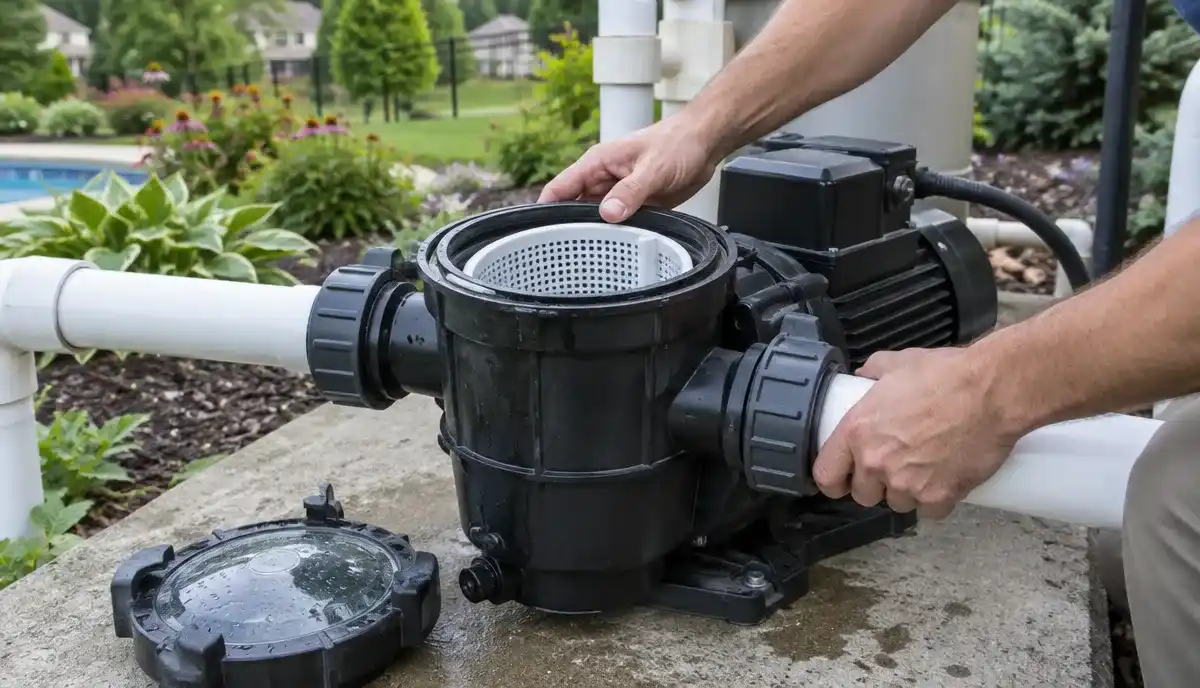 The wet end of a pool pump with the strainer pot lid removed — Twinsburg, Ohio