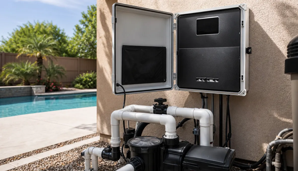A pool controller enclosure with the door open at the pad