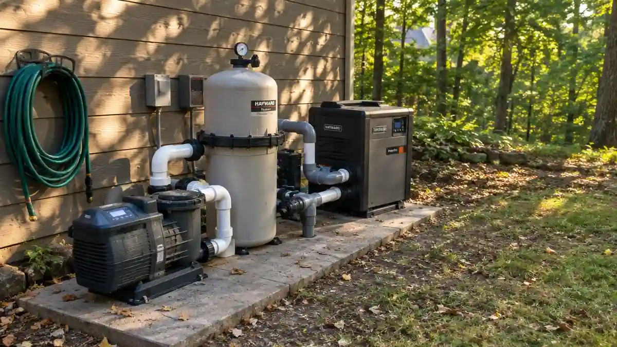 A pool equipment pad with pump, filter and heater