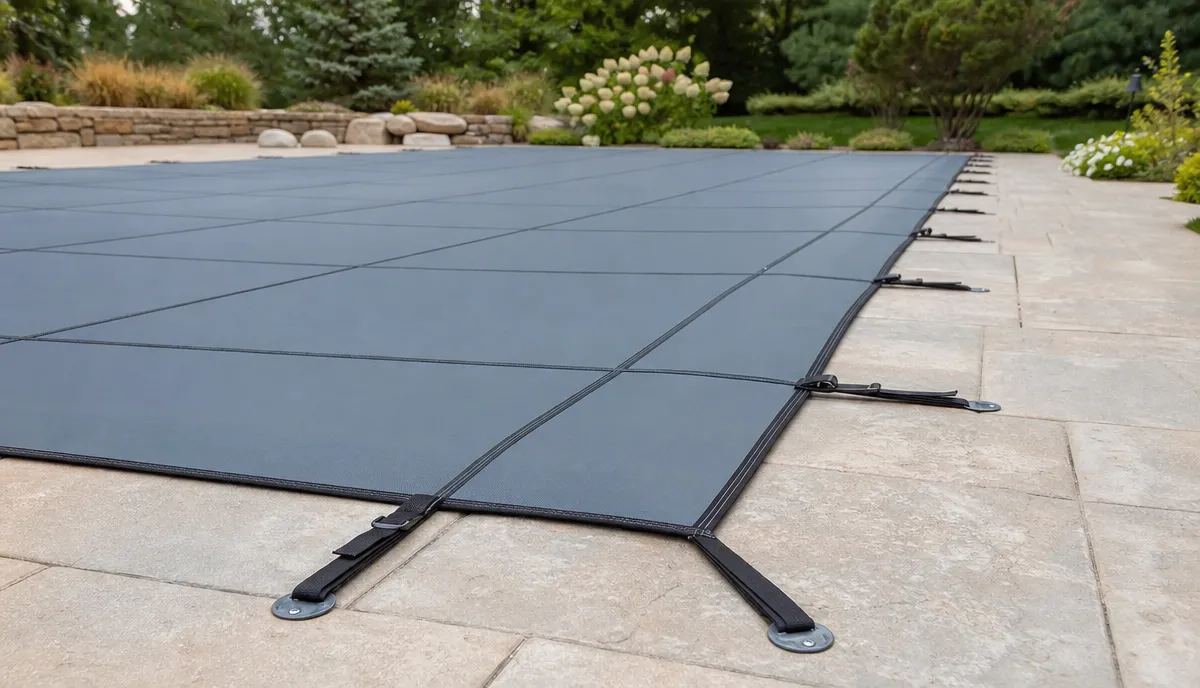 A safety cover anchored and tensioned around a pool perimeter