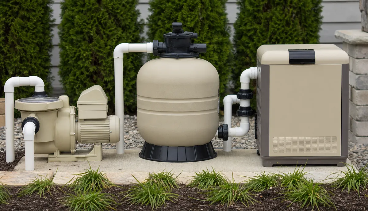 A pool equipment pad with pump, filter and heater