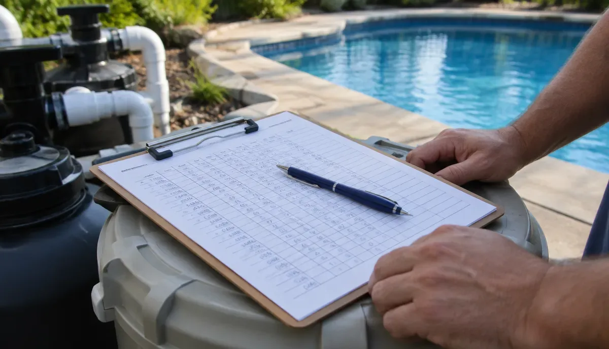 A completed pool service sheet on the equipment pad