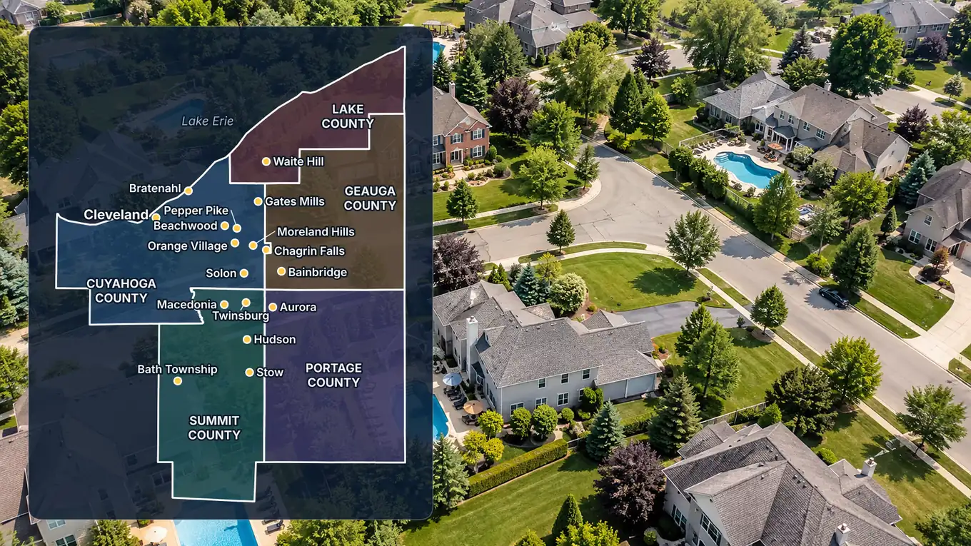 A map of the five Northeast Ohio counties served, beside an aerial view of a suburban street with in-ground pools among mature trees