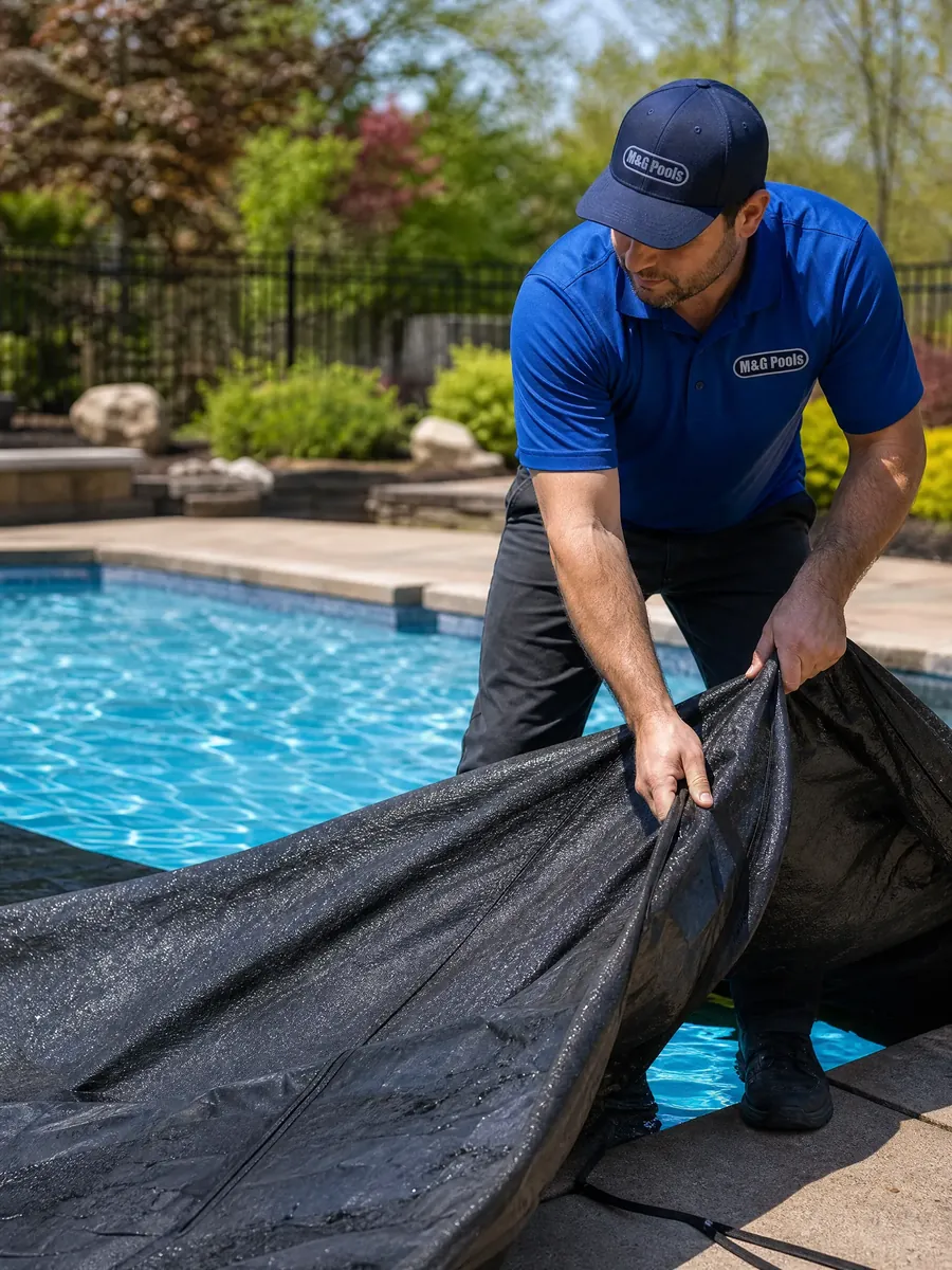 A technician removing a winter cover during a pool opening