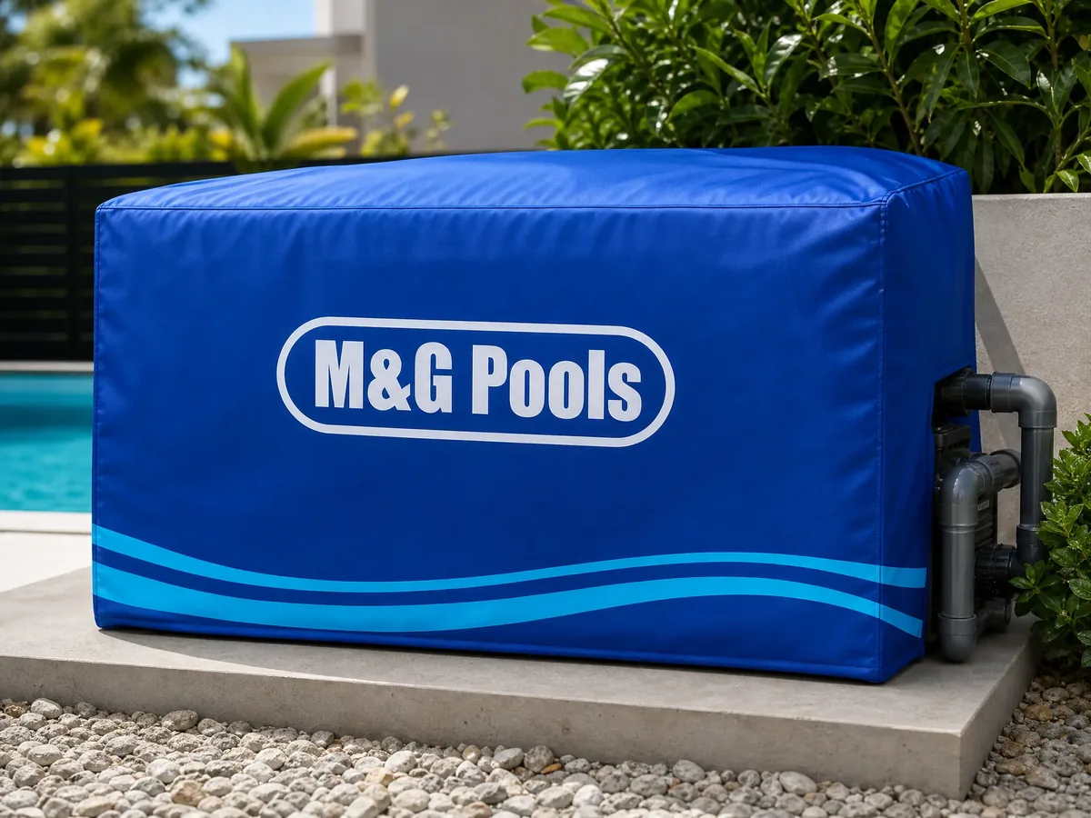 A branded M & G Pools cover over a pool pump and filter