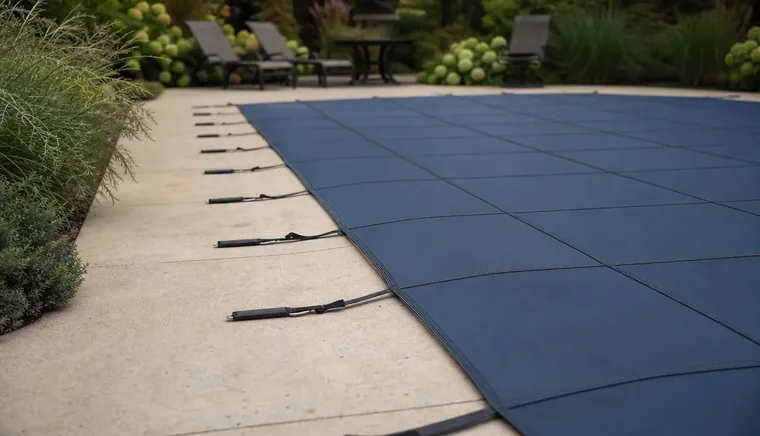 A safety cover anchored and tensioned around a pool perimeter