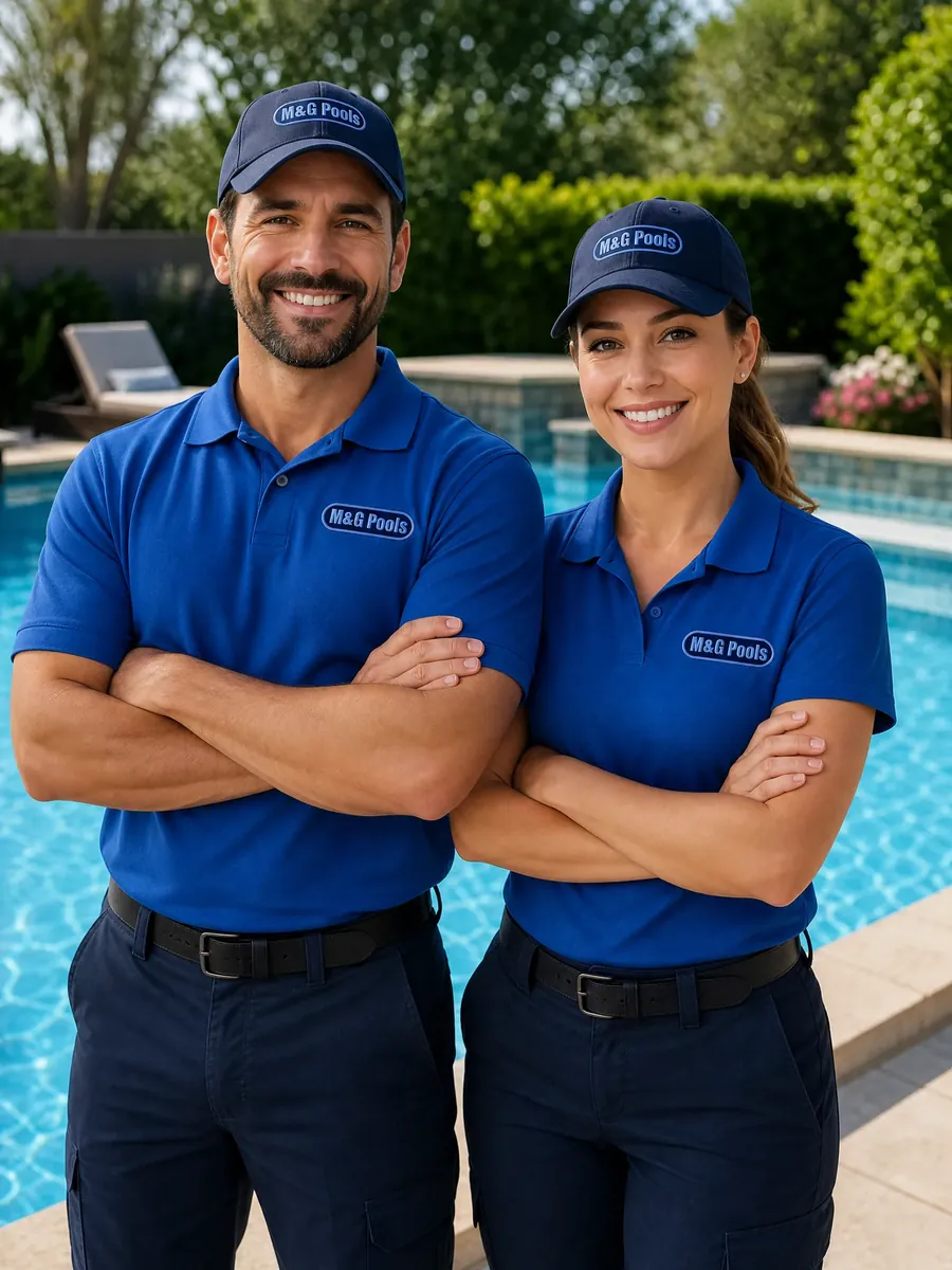 Two M & G Pools technicians beside a pool