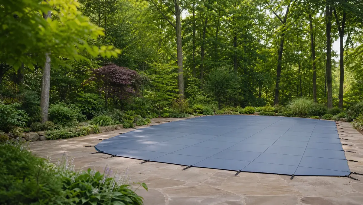 An in-ground pool under a taut custom safety cover, Ohio