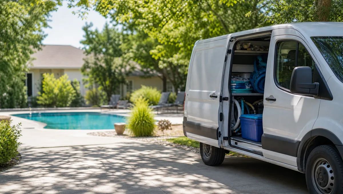 An M & G Pools service van on a driveway with the side door open