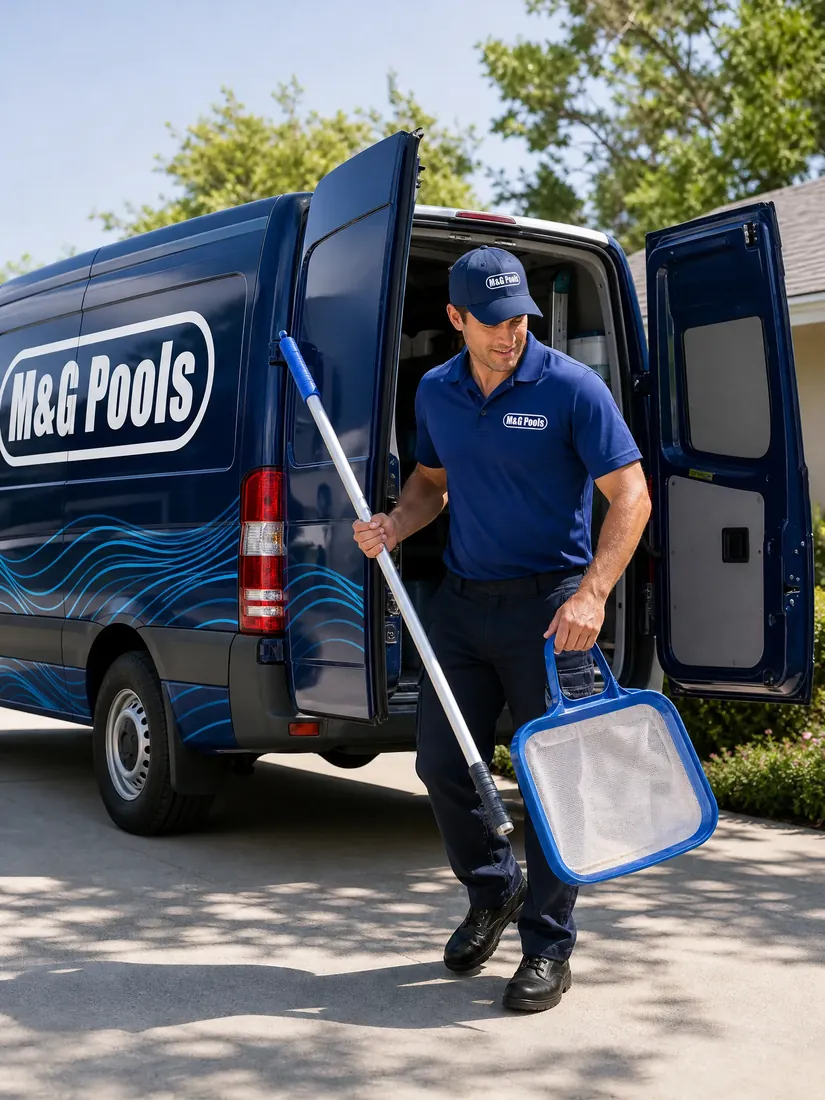 An M & G Pools service van with equipment being unloaded