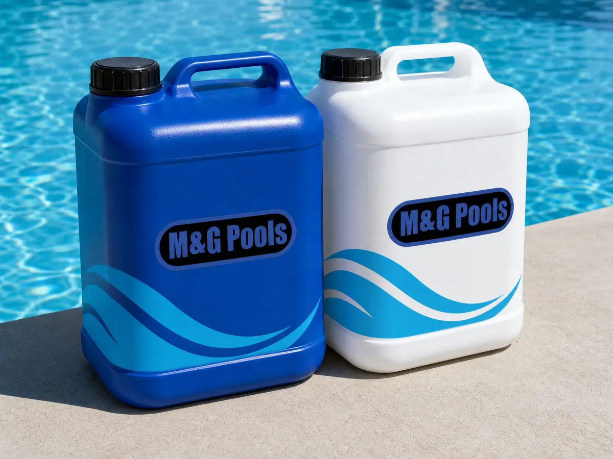 Branded M & G Pools water containers on a pool deck