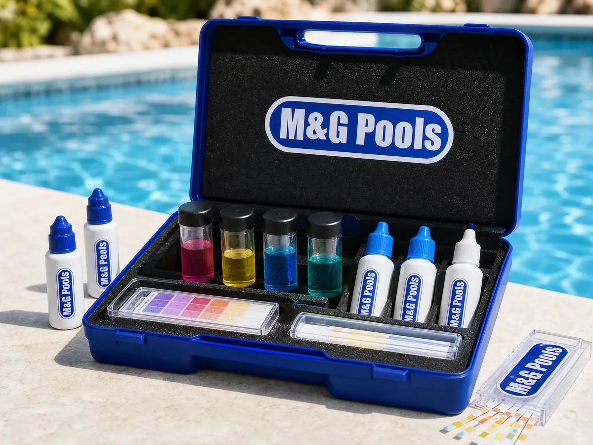 A branded M & G Pools water testing kit open on a pool deck